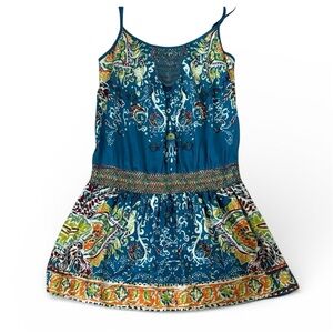 Lucky Brand Teal Paisley-Print Smocked Spaghetti-Strap Mini Dress